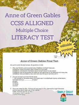 Preview of Anne of Green Gables Novel Test (Editable)