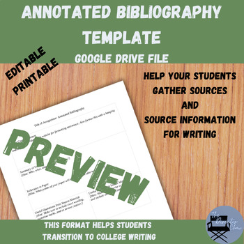 Preview of Annotated Bibliography Template - Google Drive File - Editable - Printable