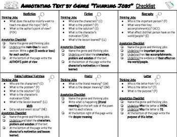 Preview of Annotating Text Checklist -Thinking Jobs by Genre