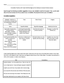 Preview of Annotation Practice with Creek Chief Red Eagle & his Address to General Jackson