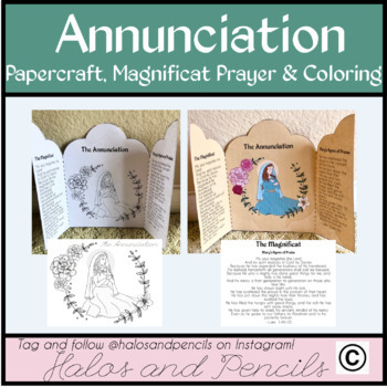 Preview of Annunciation Papercraft and Coloring Sheet with Magnificat Prayer