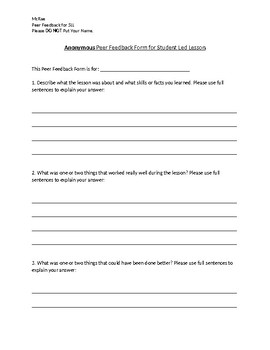 Preview of Anonymous Feedback Form For Student Led Lesson.