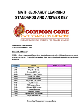Preview of Answer Key & Common Core Standards for Math Jeopardy Game (Measurement)