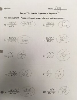 Preview of Answer Key - Division Properties of Exponents (page 1)