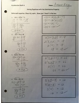 Preview of Answer Key - Equations with the Distributive Property (page 1)