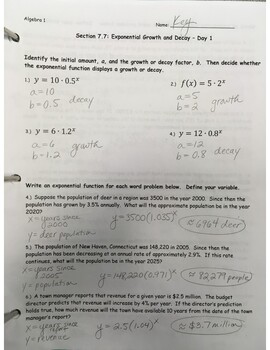 Preview of Answer Key - Exponential Growth and Decay - Day 1 (page 1)