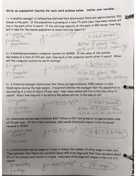 Preview of Answer Key - Exponential Growth and Decay - Day 1 (page 2)