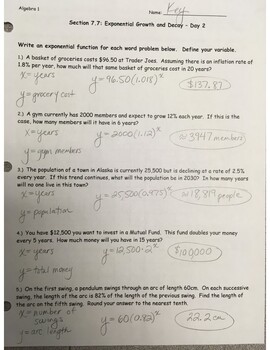 Preview of Answer Key - Exponential Growth and Decay - Day 2 (page 1)