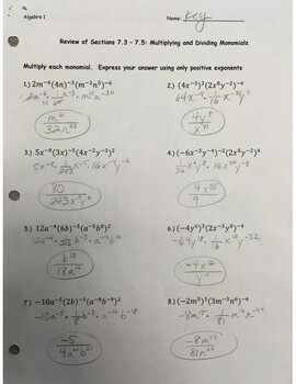 Preview of Answer Key - Exponents and Exponential Functions Review (page 1)