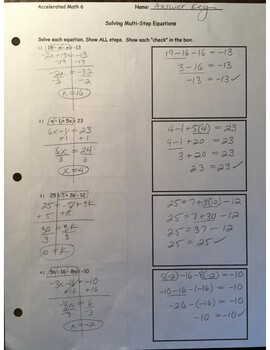 Preview of Answer Key - Multi-Step Equations (page 1)