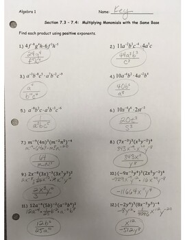 Preview of Answer Key - Multiplication Properties of Exponents (page 1)