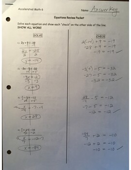 Preview of Answer Key - Solving Equations Review Packet (page 1)