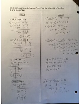 Preview of Answer Key - Solving Equations Review Packet (page 2)