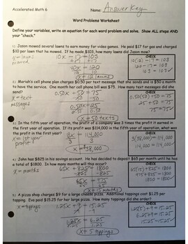 Preview of Answer Key - Solving Word Problems with Equations (page 1)