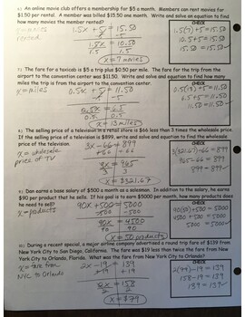 Preview of Answer Key - Solving Word Problems with Equations (page 2)