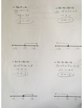 Preview of Answer Key - Solving and Graphing Inequalities with the Distributive Property