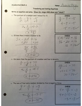Preview of Answer Key - Translating and Solving Equations (page 1)