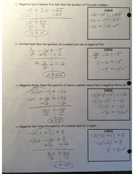 Preview of Answer Key - Translating and Solving Equations (page 2)