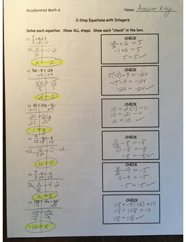 Preview of Answer Key - Two-Step Equations - Day 1 (page 1)