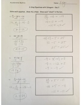 Preview of Answer Key - Two-Step Equations - Day 2 (page 1)