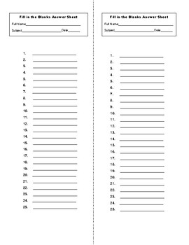 Answer Sheet Template for Fill in the Blanks by Dental Education Hub