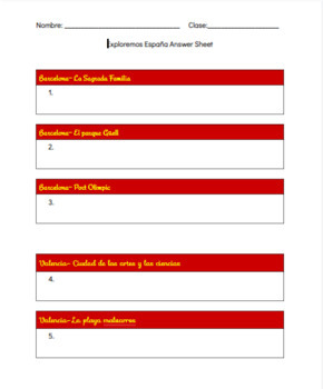 Answer sheet Exploremos España by Educational Enchiladas