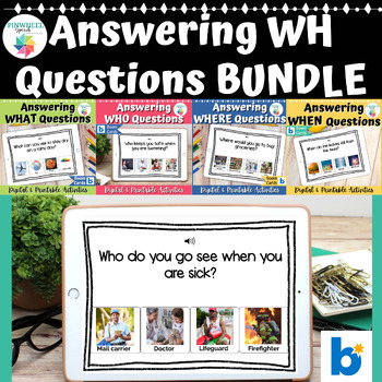 Preview of Answering WH Questions Bundle Task Cards AND Boom Cards™ Speech Therapy ELL