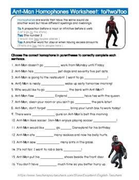 ant man homophones worksheet to too two by excellent english teachers