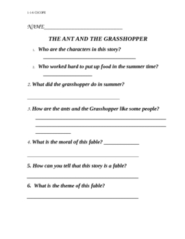 Ant and Grasshopper Fable Test 2nd Grade Reading by ELEMENTARY TEACHER