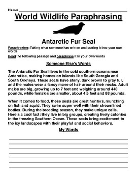 Antarctic Fur Seal Paraphrasing Worksheet by BEST Educational Consulting