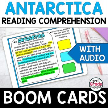 Preview of Antarctica Finding Citing Text Evidence Reading Boom Cards Task Cards with Audio