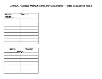 Preview of Anthem: Harkness Seminar - Team Assignment Template