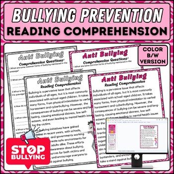 Preview of Anti Bullying Nonfiction Reading Comprehension Passages, Pink Shirt Day Kindness