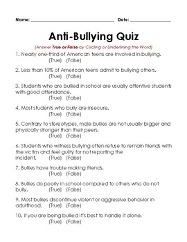 Anti-Bullying Quiz by CeeGee's | Teachers Pay Teachers
