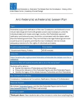 Preview of Anti-Federalist vs Federalist Lesson Plan and Video