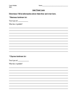 Preview of Anti-Trust Law Worksheet (Economics, Government, Business Law, Banking)