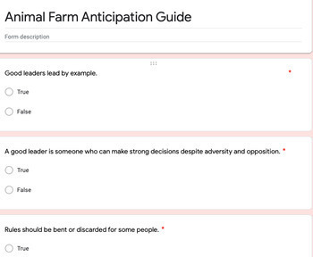 Preview of Anticipation Guide: Novel- Animal Farm- Google Form (EDITABLE)