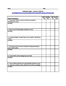 Preview of Anticipation Guide: Properties of Minerals