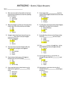 Antigone Quizzes & Final Exam - Scenes 1-5 with Answer Key