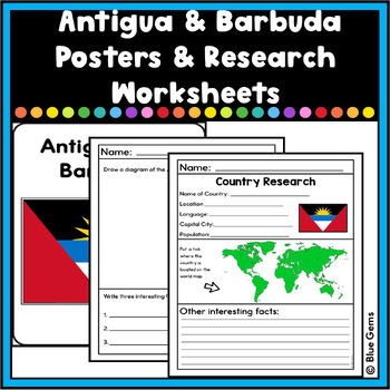 Antigua and Barbuda Posters and Research Worksheets by Blue Gems