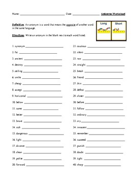 Preview of Opposites/Antonyms: Definition, Worksheet, and Detailed Answer Key
