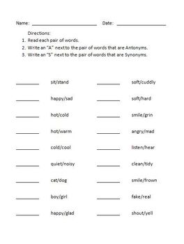 Antonym and Synonym practice 1 - worksheet for elementary by Joanne