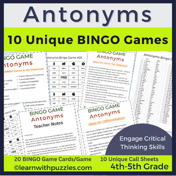 Preview of Antonyms Bingo Games 400 Bingo Game Cards 4th-5th Grades Printable