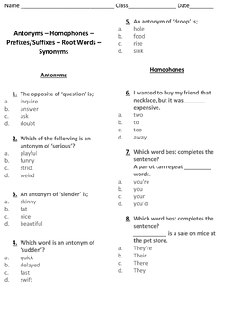 antonyms homophones prefixes suffixes root words synonyms worksheet