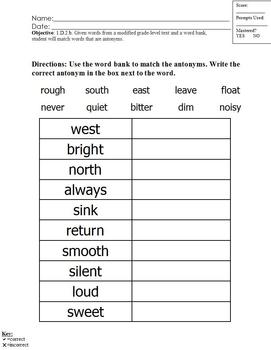 Preview of Antonyms; Modified for Special Ed; Matching with Word Bank
