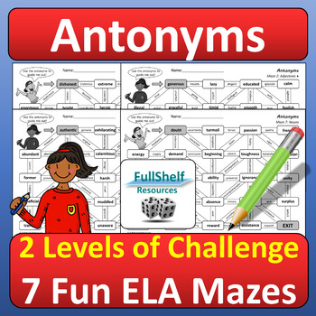 Preview of Antonyms Opposites Worksheets Nouns Verbs Adjectives ELA Maze Puzzles NO PREP