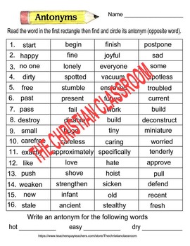 Antonyms Worksheets by TheChristianClassroom | Teachers Pay Teachers