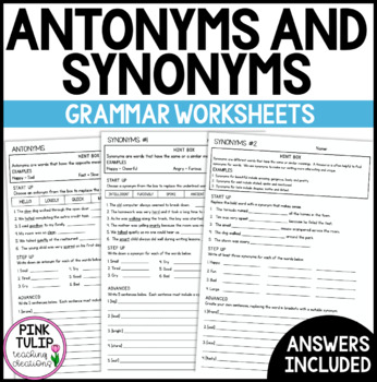 Preview of Antonyms and Synonyms - Grammar Worksheets with Answers