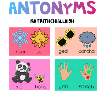 Preview of Antonyms as Gaeilge. Na frithchiallaigh