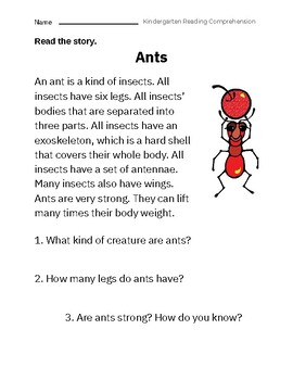 Ants Kindergarten Reading Comprehension Worksheet by Basic worksheet store